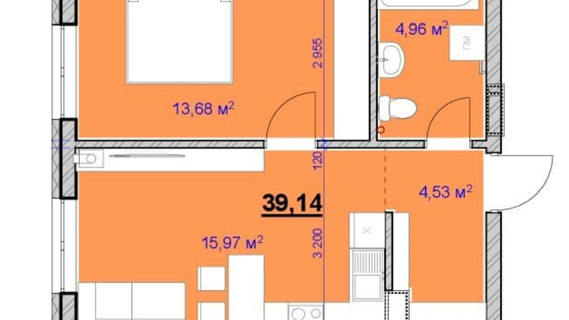Планування 1-кімнатної квартири в ЖК Grand Hall 39.14 м², фото 606570