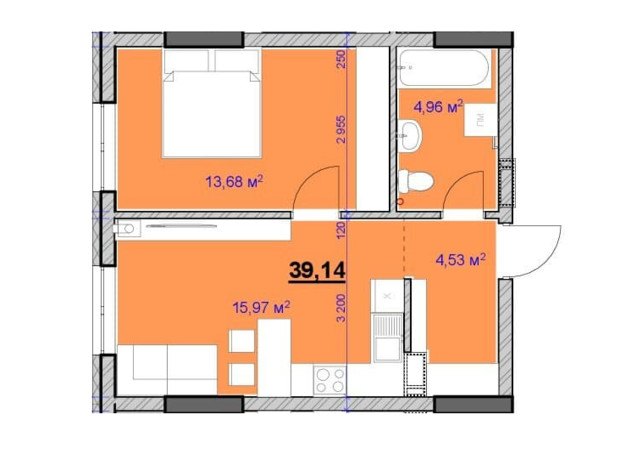 ЖК Grand Hall: планування 1-кімнатної квартири 39.14 м²
