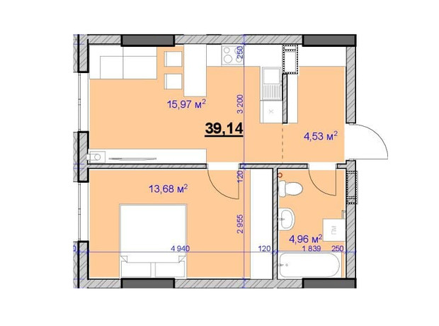 ЖК Grand Hall: планировка 1-комнатной квартиры 39.14 м²