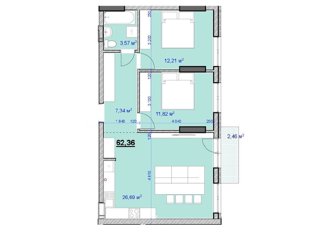 ЖК Grand Hall: планування 2-кімнатної квартири 62.36 м²