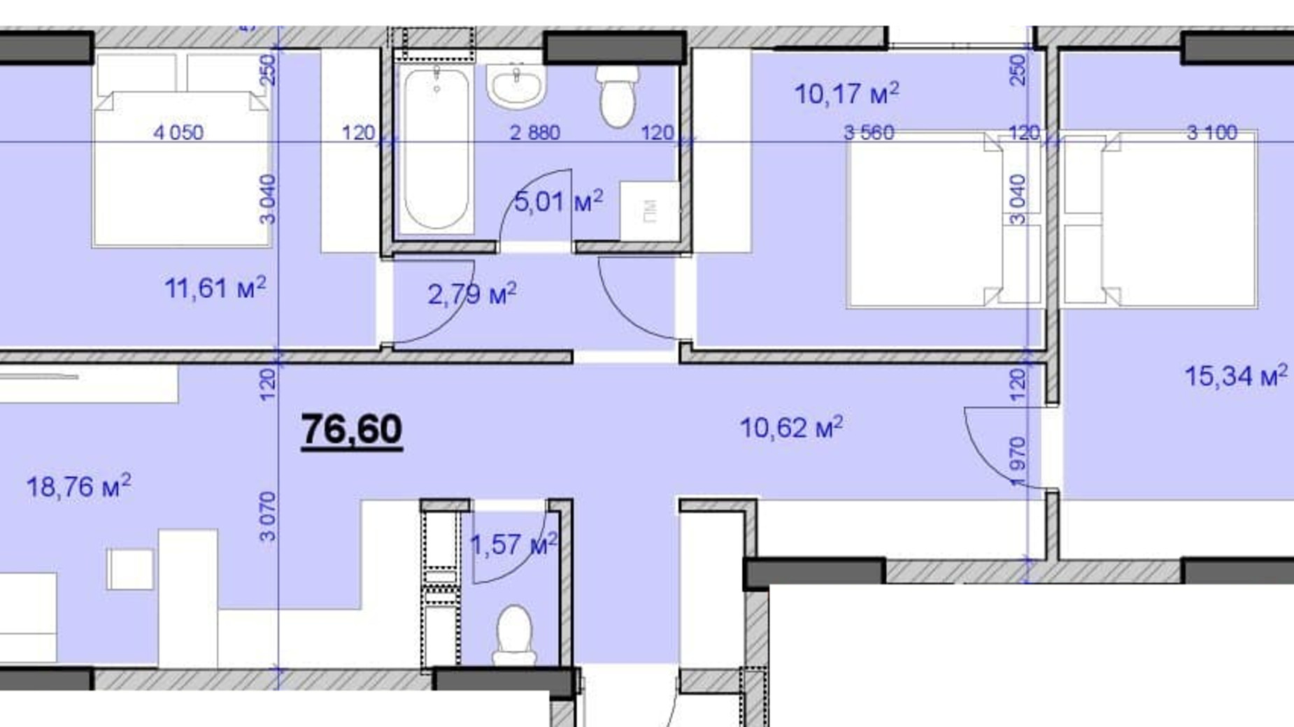 Планировка 3-комнатной квартиры в ЖК Grand Hall 76.6 м², фото 606573