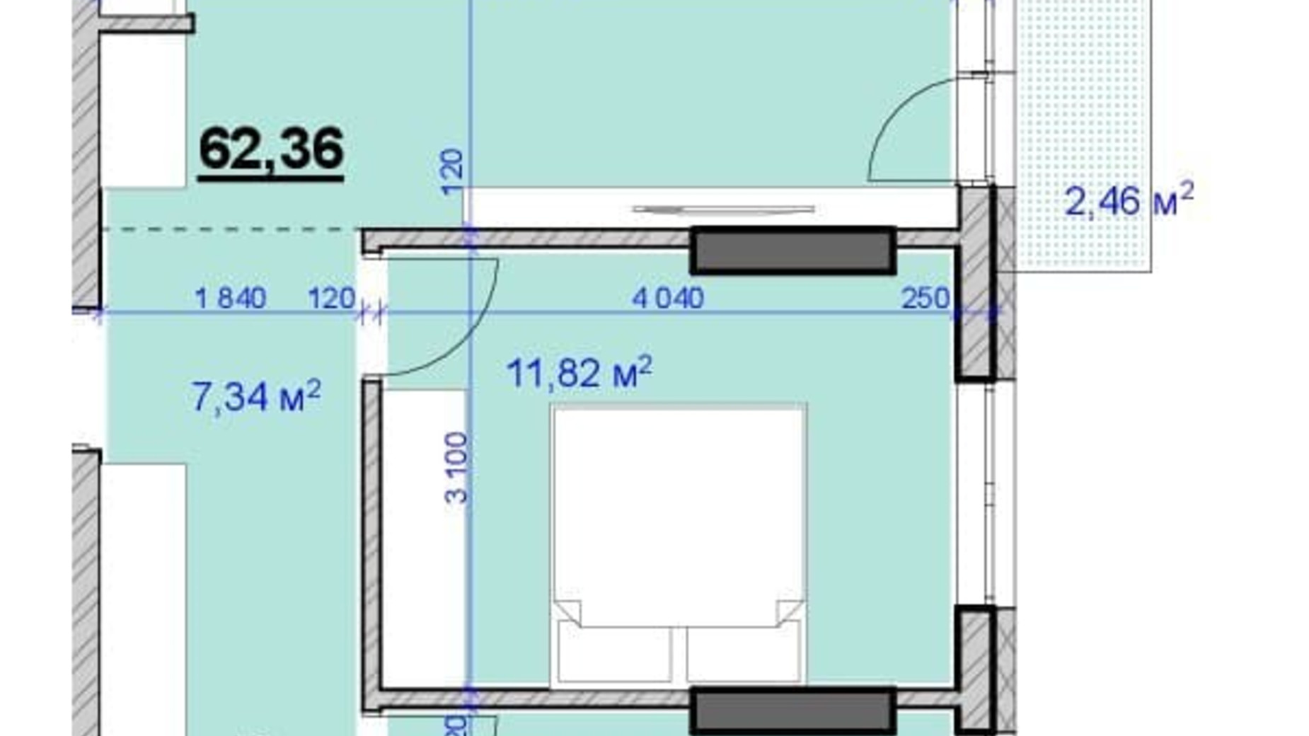 Планування 2-кімнатної квартири в ЖК Grand Hall 62.36 м², фото 606575