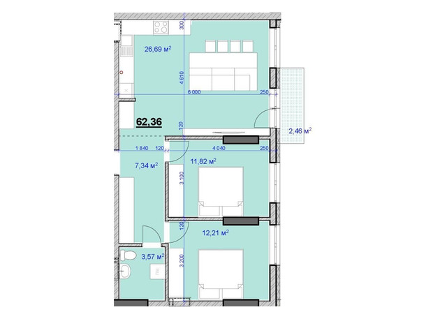 ЖК Grand Hall: планування 2-кімнатної квартири 62.36 м²