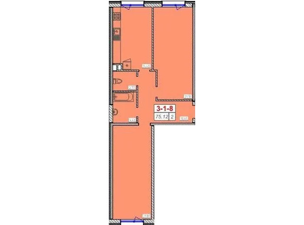 ЖК Сорок шестая жемчужина: планировка 2-комнатной квартиры 75.12 м²