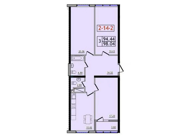 ЖК Сорок седьмая жемчужина: планировка 3-комнатной квартиры 98.04 м²