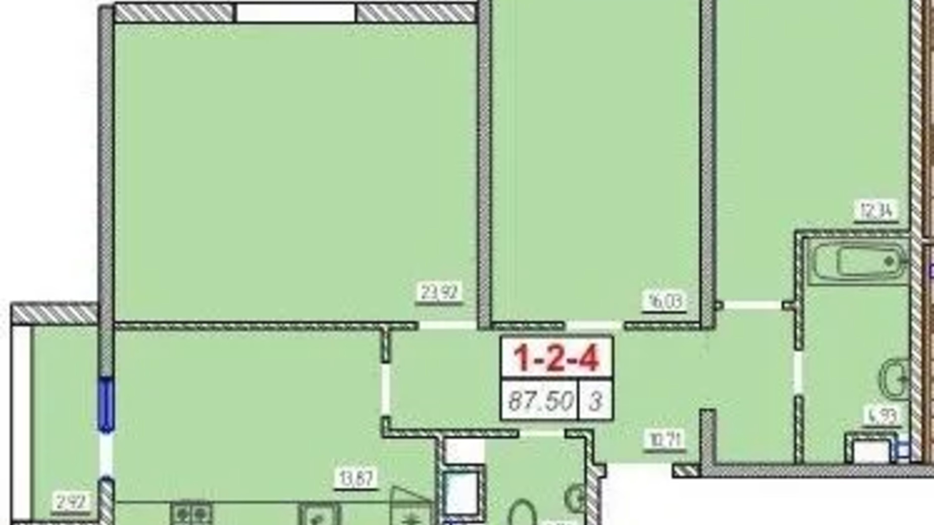 Планування 3-кімнатної квартири в ЖК Сорок дев'ята перлина 87.5 м², фото 606591