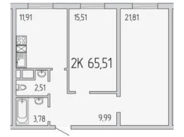 ЖК П'ятдесят сьома перлина: планування 2-кімнатної квартири 65.51 м²