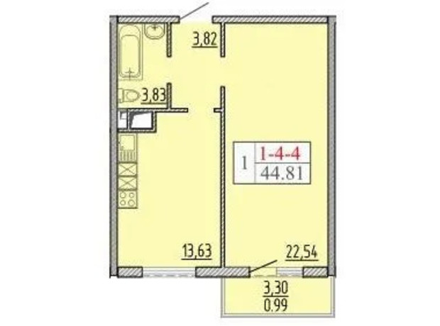 ЖК Пятьдесят восьмая жемчужина: планировка 1-комнатной квартиры 44.81 м²