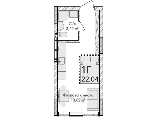 ЖК Синергия Сити: планировка 1-комнатной квартиры 25 м²