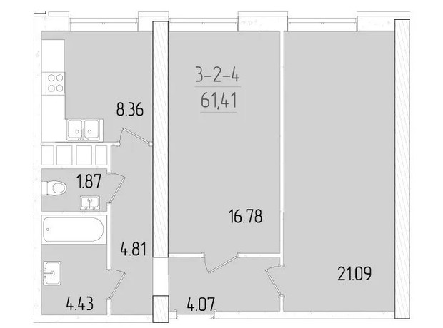 ЖК Kadorr City: планування 2-кімнатної квартири 61.41 м²