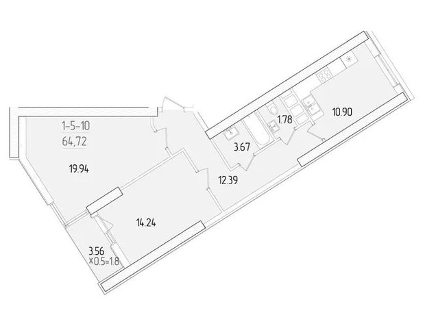 ЖК Kadorr City: планування 2-кімнатної квартири 64.72 м²