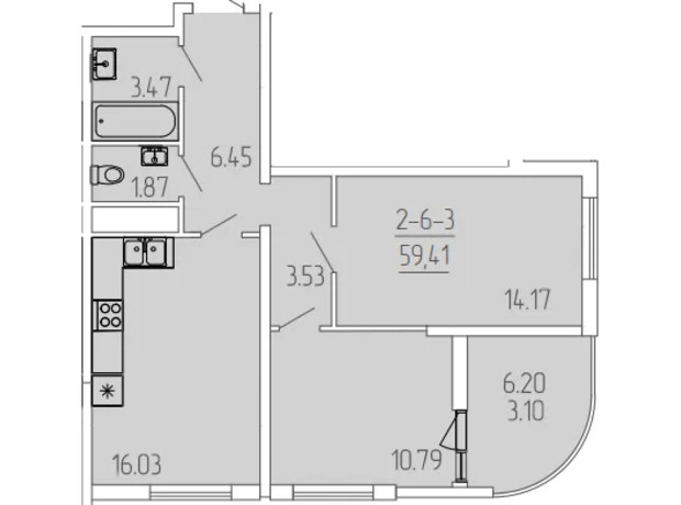 ЖК Kadorr City: планировка 2-комнатной квартиры 59.41 м²