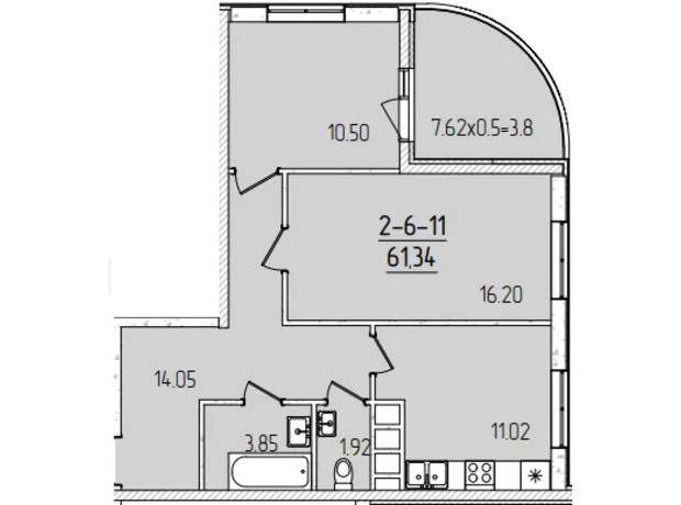 ЖК Kadorr City: планировка 2-комнатной квартиры 61.34 м²