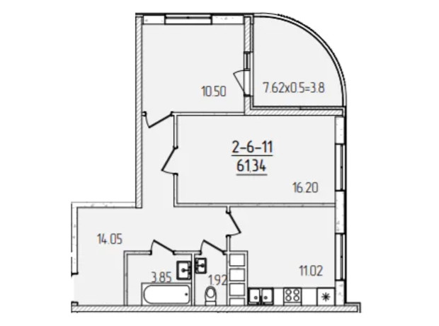 ЖК Kadorr City: планировка 2-комнатной квартиры 61.34 м²