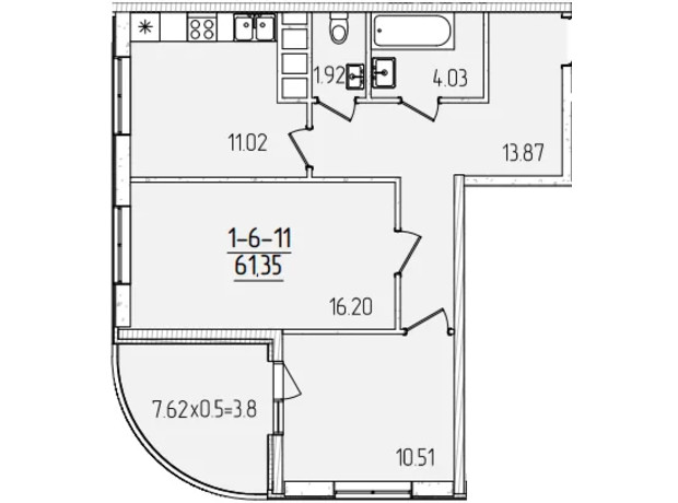 ЖК Kadorr City: планировка 2-комнатной квартиры 61.35 м²