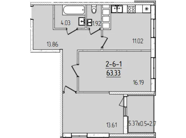 ЖК Kadorr City: планировка 2-комнатной квартиры 63.33 м²