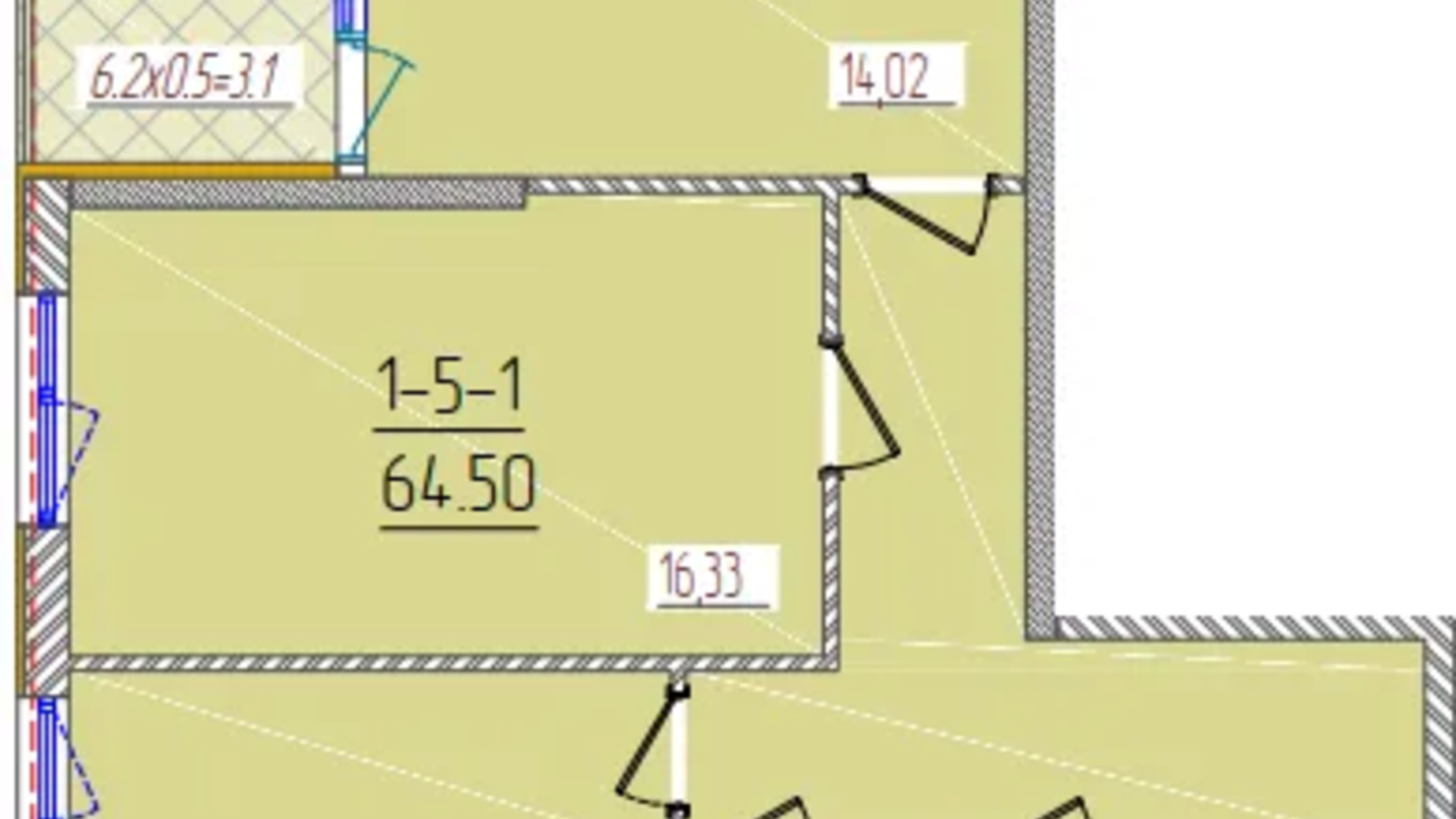 Планування 2-кімнатної квартири в ЖК Kadorr City 64.5 м², фото 606670