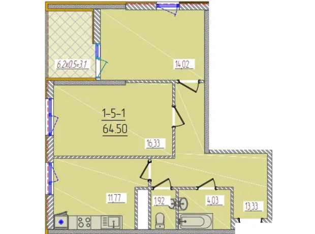 ЖК Kadorr City: планировка 2-комнатной квартиры 64.5 м²