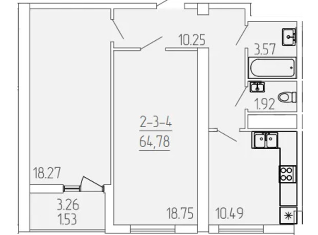 ЖК Kadorr City: планировка 2-комнатной квартиры 64.78 м²