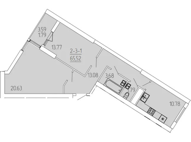 ЖК Kadorr City: планировка 2-комнатной квартиры 65.52 м²