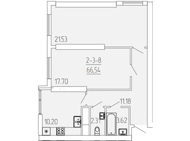 ЖК Kadorr City: планировка 2-комнатной квартиры 66.54 м²