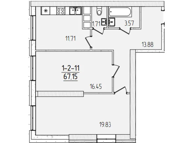 ЖК Kadorr City: планировка 2-комнатной квартиры 67.15 м²