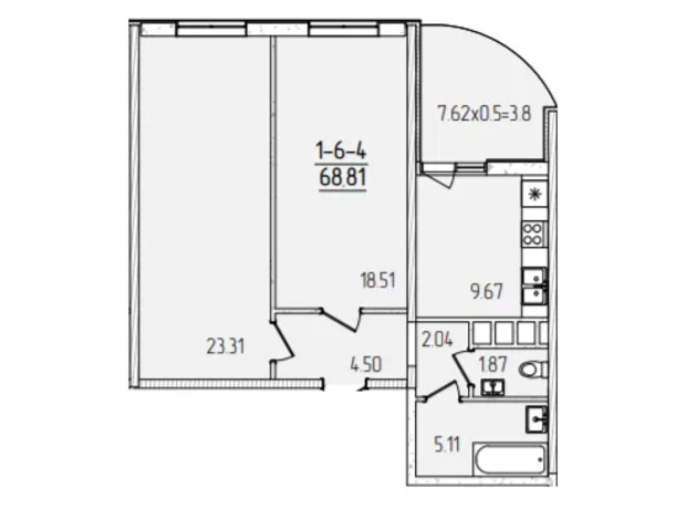 ЖК Kadorr City: планировка 2-комнатной квартиры 68.81 м²