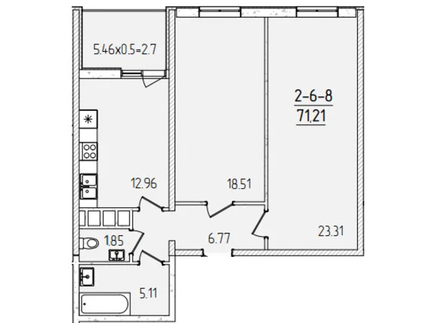 ЖК Kadorr City: планировка 2-комнатной квартиры 71.21 м²