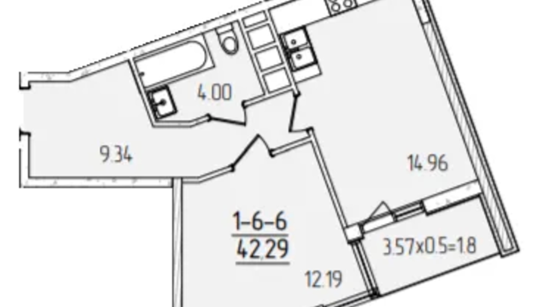 Планировка 1-комнатной квартиры в ЖК Kadorr City 42.29 м², фото 606688