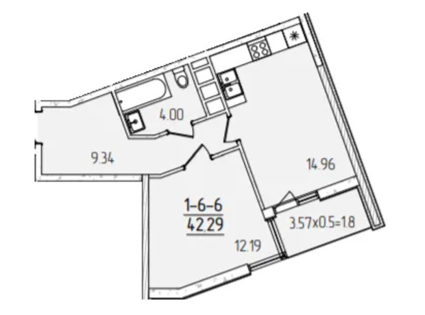 ЖК Kadorr City: планування 1-кімнатної квартири 42.29 м²