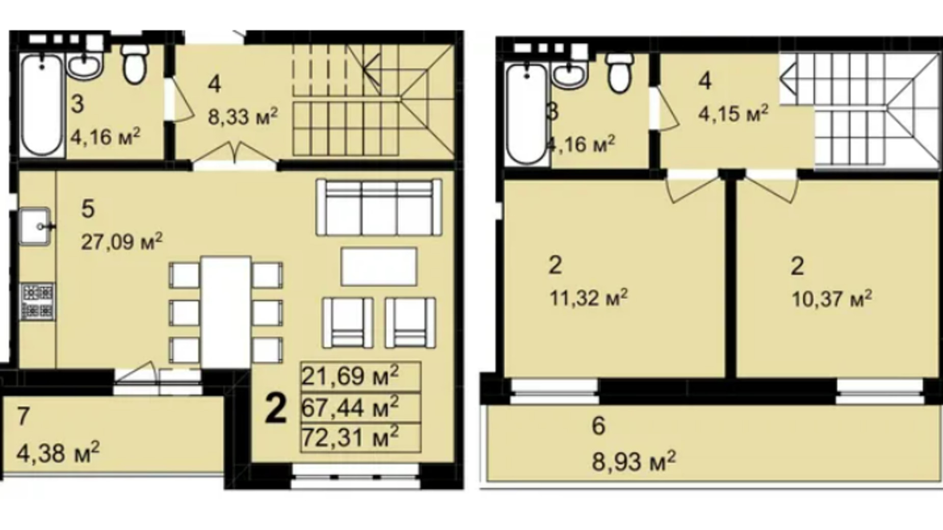 Планування багато­рівневої квартири в ЖК Q-4 Quoroom Avenue 72.78 м², фото 607094