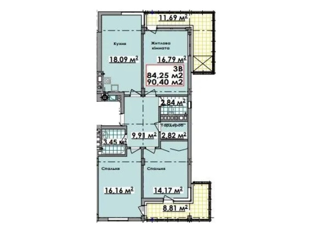 ЖК Palmira City: планировка 3-комнатной квартиры 90.4 м²