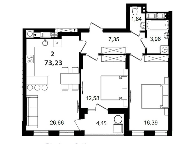 ЖК Tiffany : планировка 2-комнатной квартиры 73.23 м²