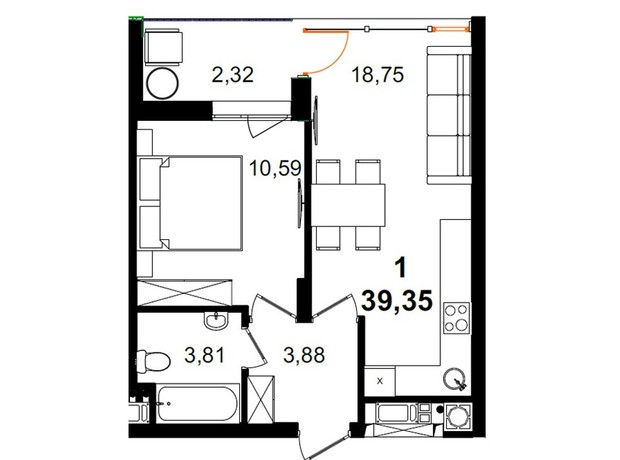 ЖК Tiffany: планування 1-кімнатної квартири 39.35 м²