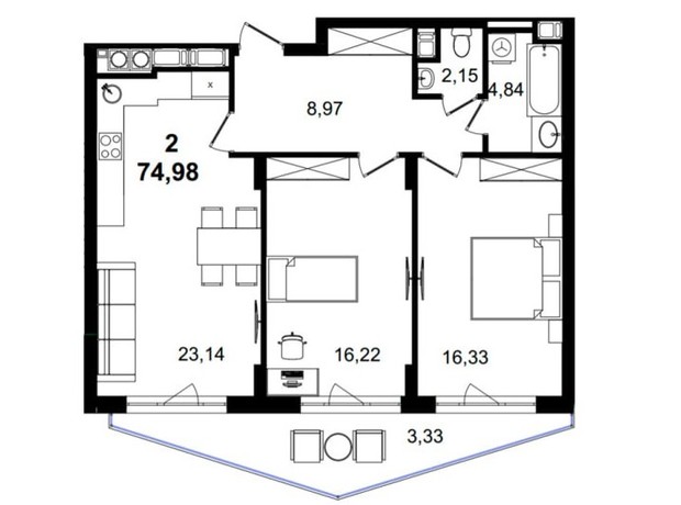 ЖК Tiffany : планировка 2-комнатной квартиры 74.89 м²