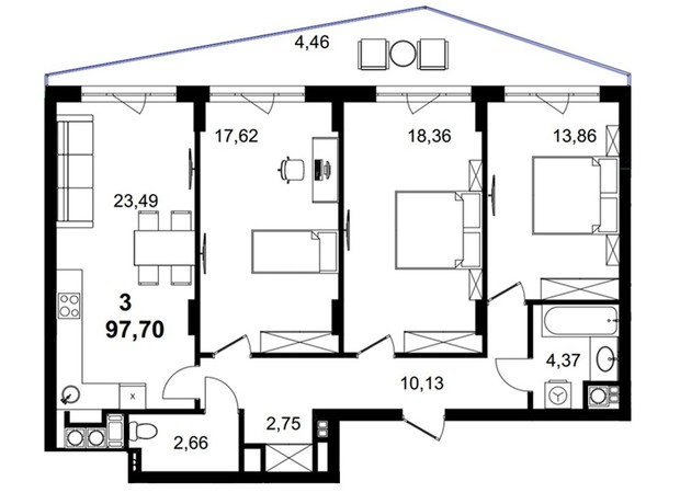 ЖК Tiffany : планировка 3-комнатной квартиры 97.7 м²