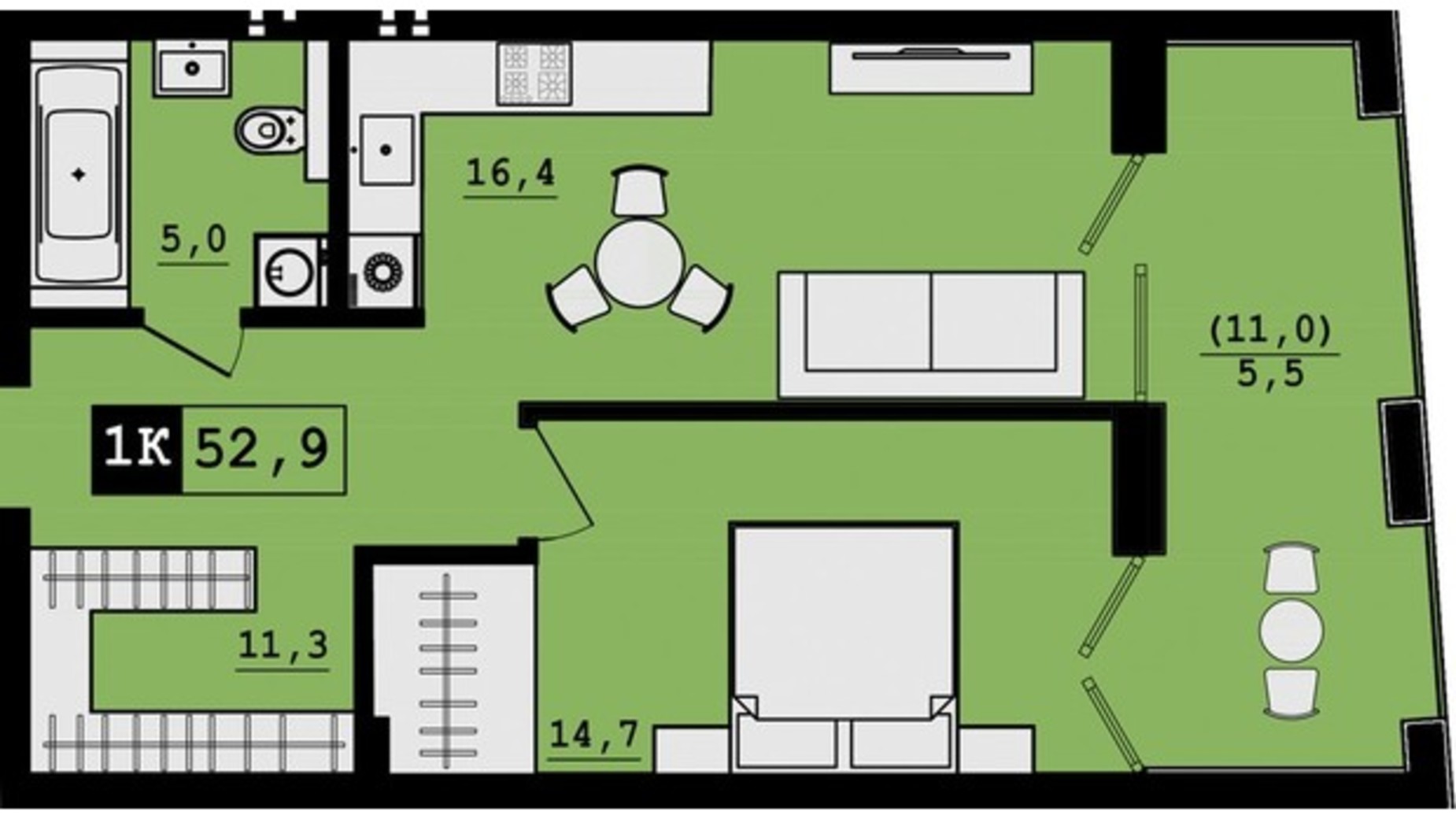 Планування 1-кімнатної квартири в Клубний будинок На Вернигори, 17-19 52.9 м², фото 607183