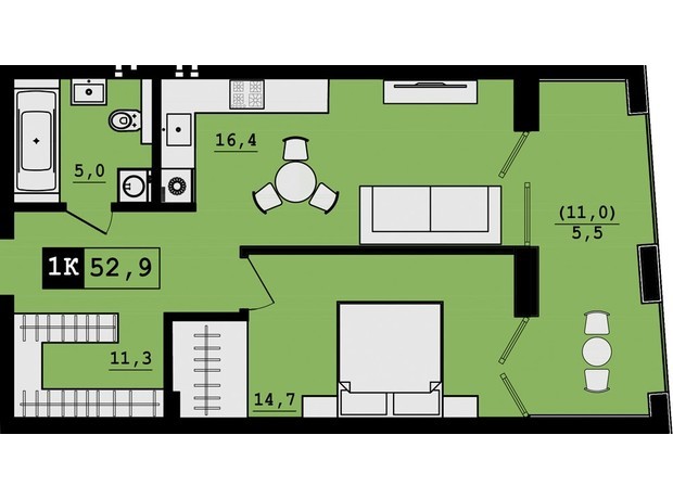 Клубный дом На Вернигоры, 17-19: планировка 1-комнатной квартиры 52.9 м²