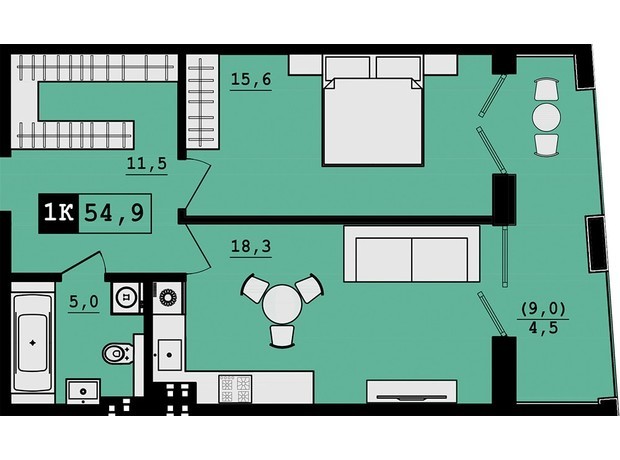 Клубный дом На Вернигоры, 17-19: планировка 1-комнатной квартиры 54.9 м²