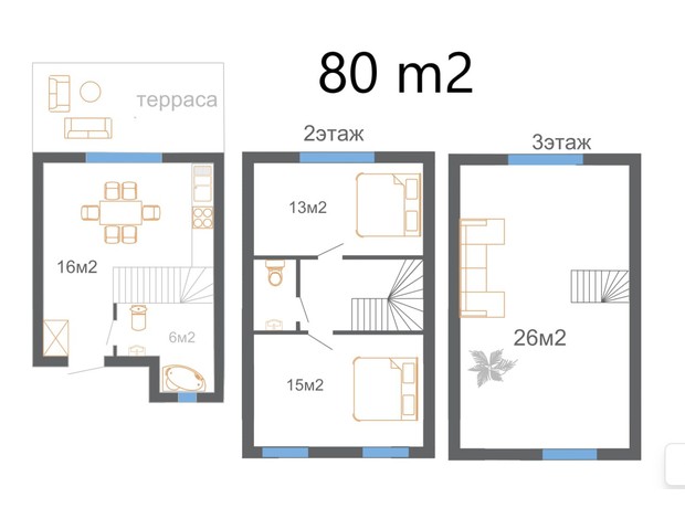 КГ ул. Круговая, 53: планировка 3-комнатной квартиры 80 м²