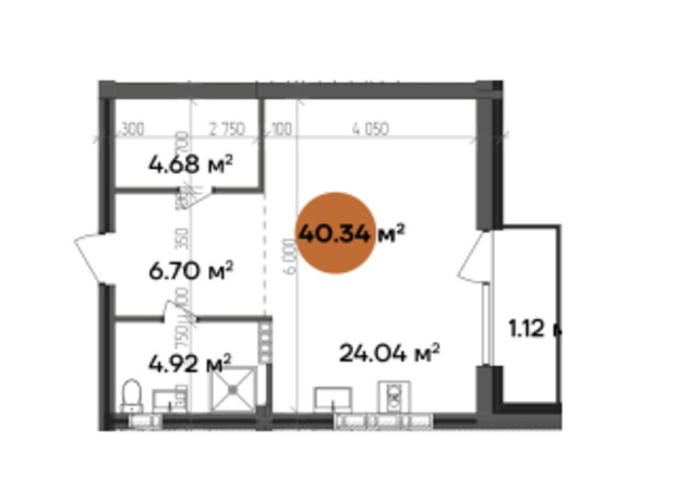 БФК Shevchenka: планування 1-кімнатної квартири 40.34 м²