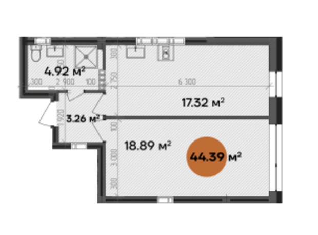 МФК Shevchenka: планировка 2-комнатной квартиры 44.39 м²