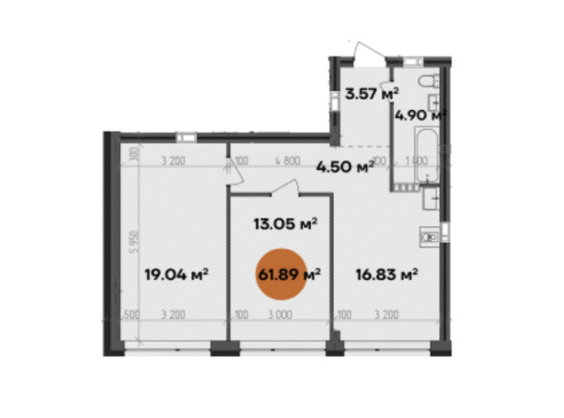 БФК Shevchenka: планування 3-кімнатної квартири 61.89 м²