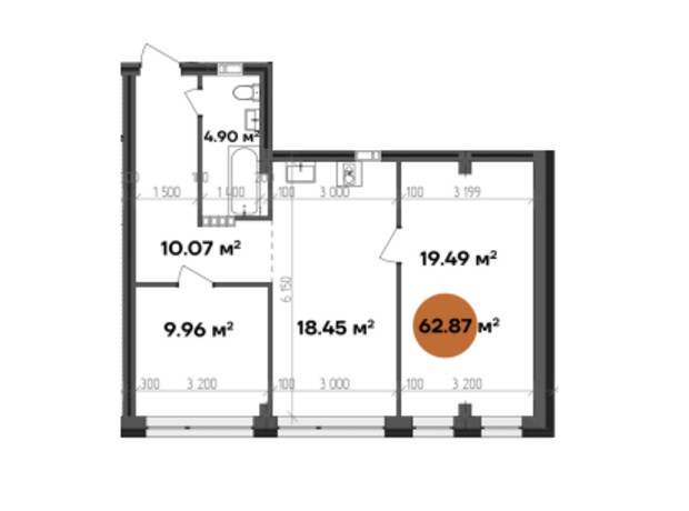 БФК Shevchenka: планування 3-кімнатної квартири 62.87 м²