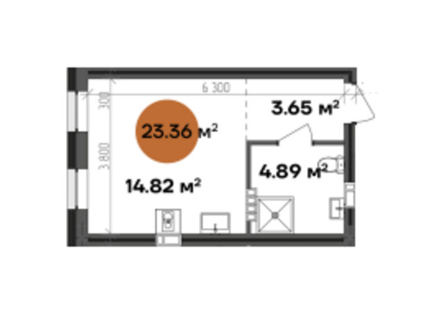 МФК Shevchenka: планировка 1-комнатной квартиры 23.36 м²