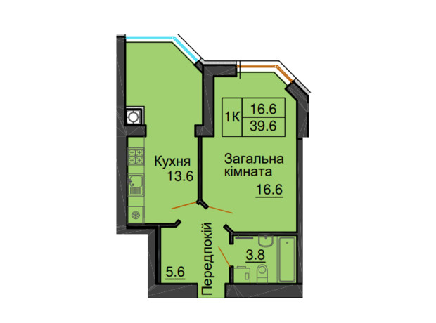 ЖК Sofia Nova: планування 1-кімнатної квартири 39.6 м²