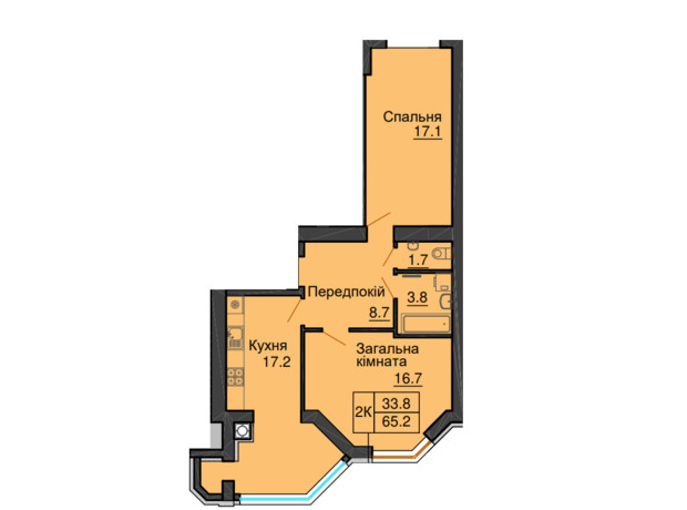 ЖК Sofia Nova: планировка 2-комнатной квартиры 65.2 м²