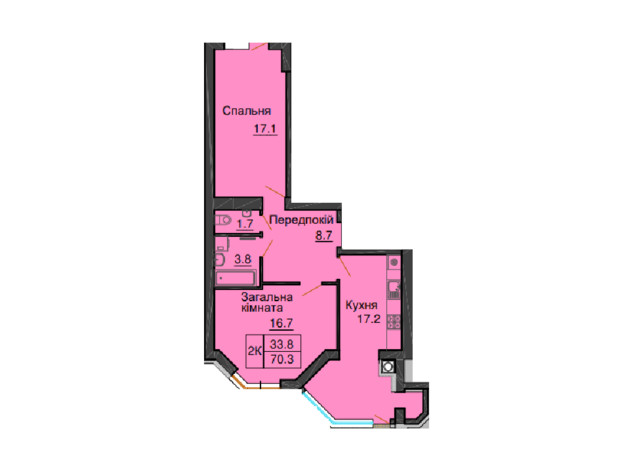 ЖК Sofia Nova: планировка 2-комнатной квартиры 74.1 м²