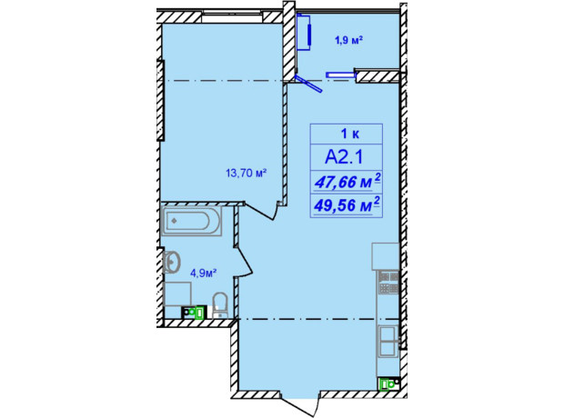 ЖК Кимолос: планировка 1-комнатной квартиры 49.56 м²