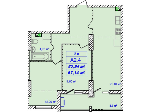 ЖК Кимолос: планировка 2-комнатной квартиры 67.14 м²
